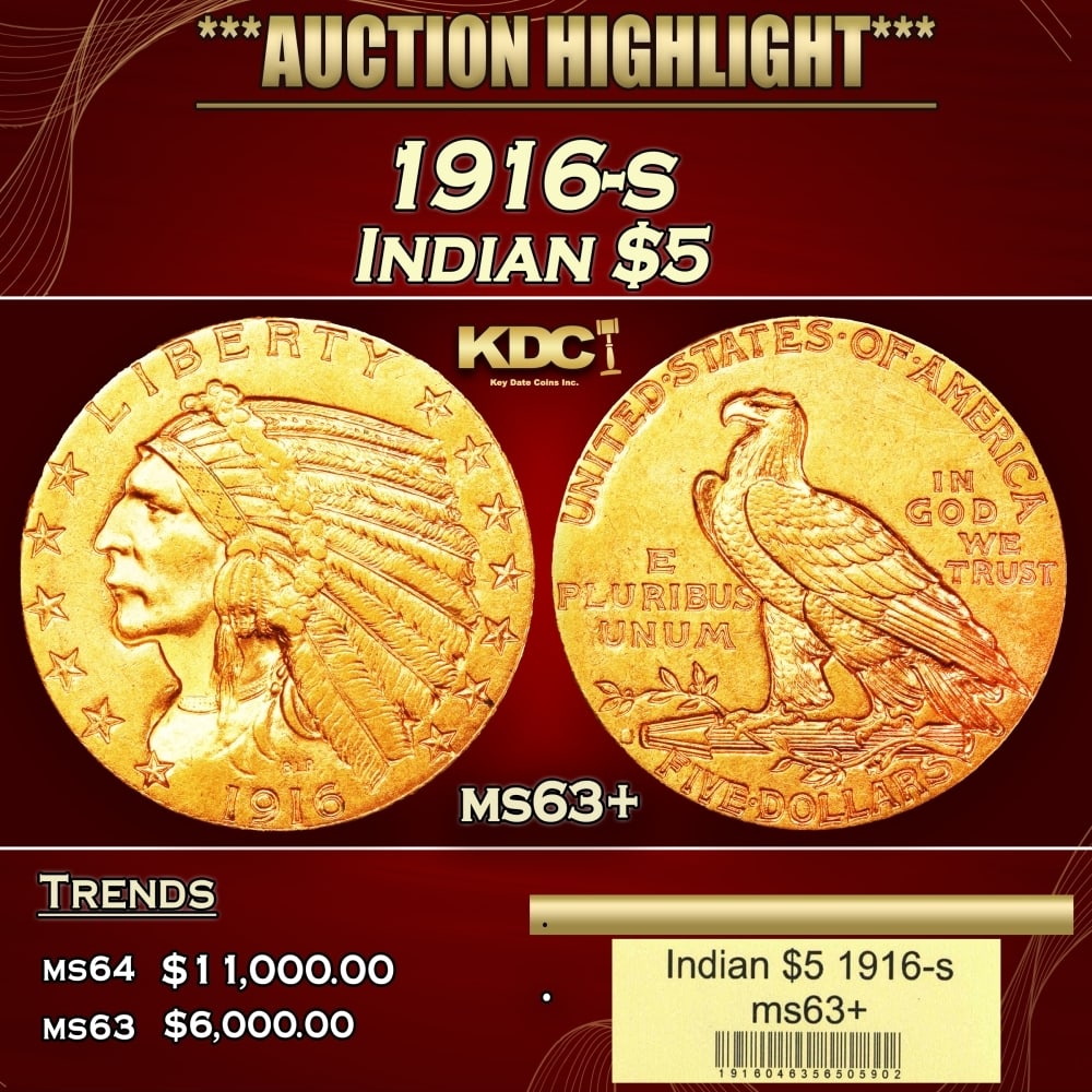 1916-s Gold Indian Half Eagle $5 ms63+ USCG: 1916-s Gold Indian Half Eagle $5 ms63+ USCG. Historic precious metal trends is causing increased spot pricing by the day. On auctions with set openings, we are doing our best to have items priced at t