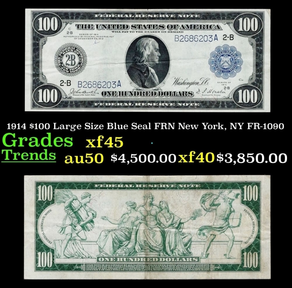 1914 FR-1090 $100 Large Size Blue Seal FRN Grades xf+: 1914 FR-1090 $100 Large Size Blue Seal FRN Grades xf+.