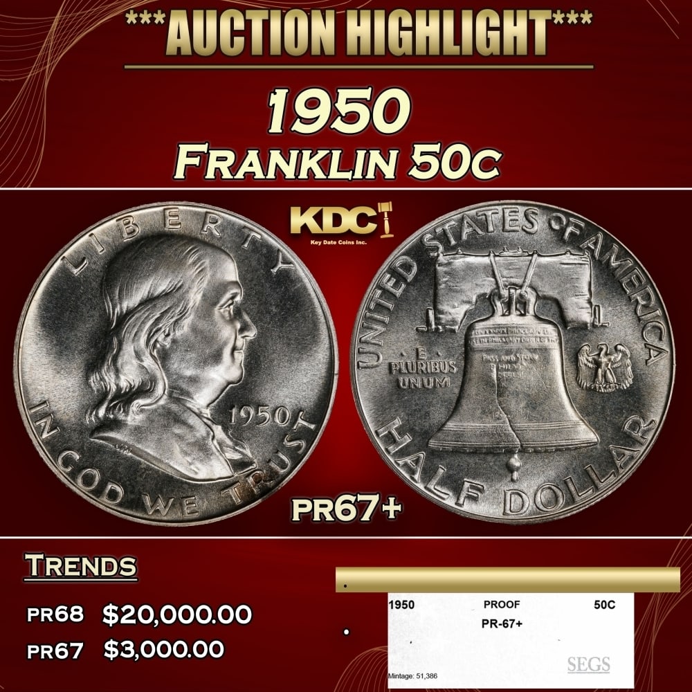 1950 Proof Franklin Half Dollar 50c pr67+ SEGS: 1950 Franklin Half Dollar 50c pr67+ SEGS. 0