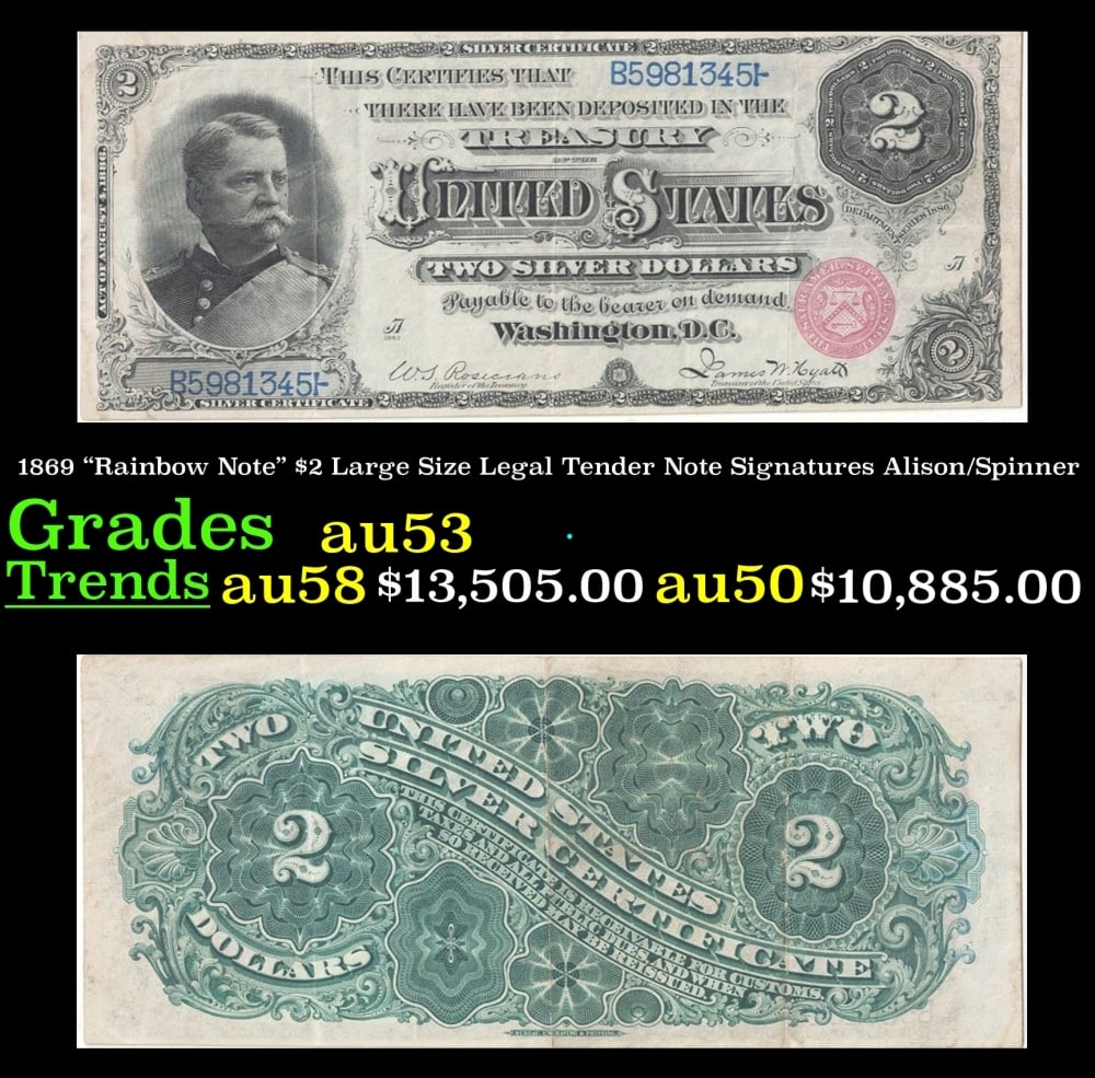 1869 Alison/Spinner $2 Large Size Legal Tender Note Grades Select AU: 1869 Alison/Spinner $2 Large Size Legal Tender Note Grades Select AU.
