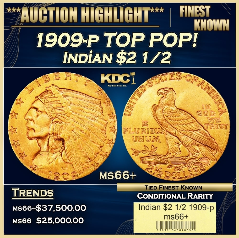 1909-p Gold Indian Quarter Eagle TOP POP! $2 1/2 ms66+ USCG: 1909-p TOP POP! Gold Indian Quarter Eagle $2 1/2 ms66+ USCG. The sunken relief of Bela Lyon Pratt's Indian quarter eagle design was a first on circulating U.S. coinage. The design lacked a protective