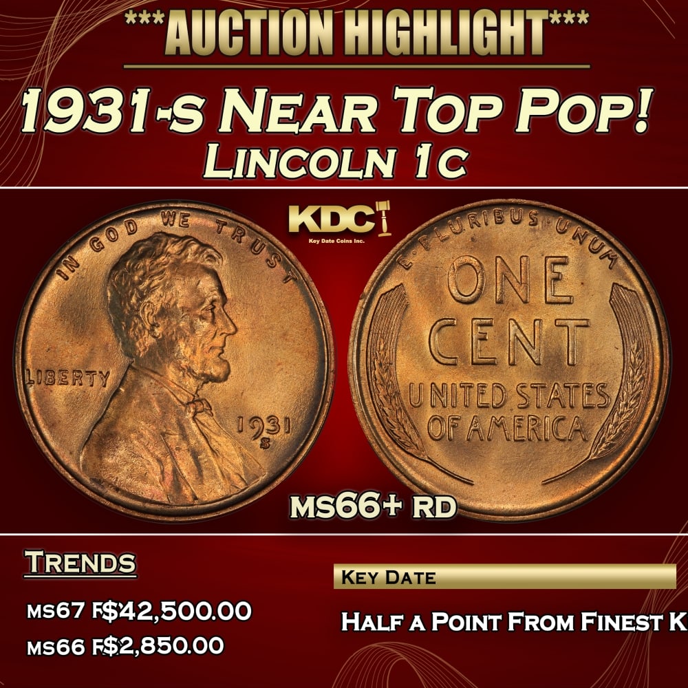 1931-s Lincoln Cent Near Top Pop! 1c ms66+ rd SEGS: 1931-s Near Top Pop! Lincoln Cent 1c ms66+ rd SEGS. Incredibly scarce, Semi Key date. 0