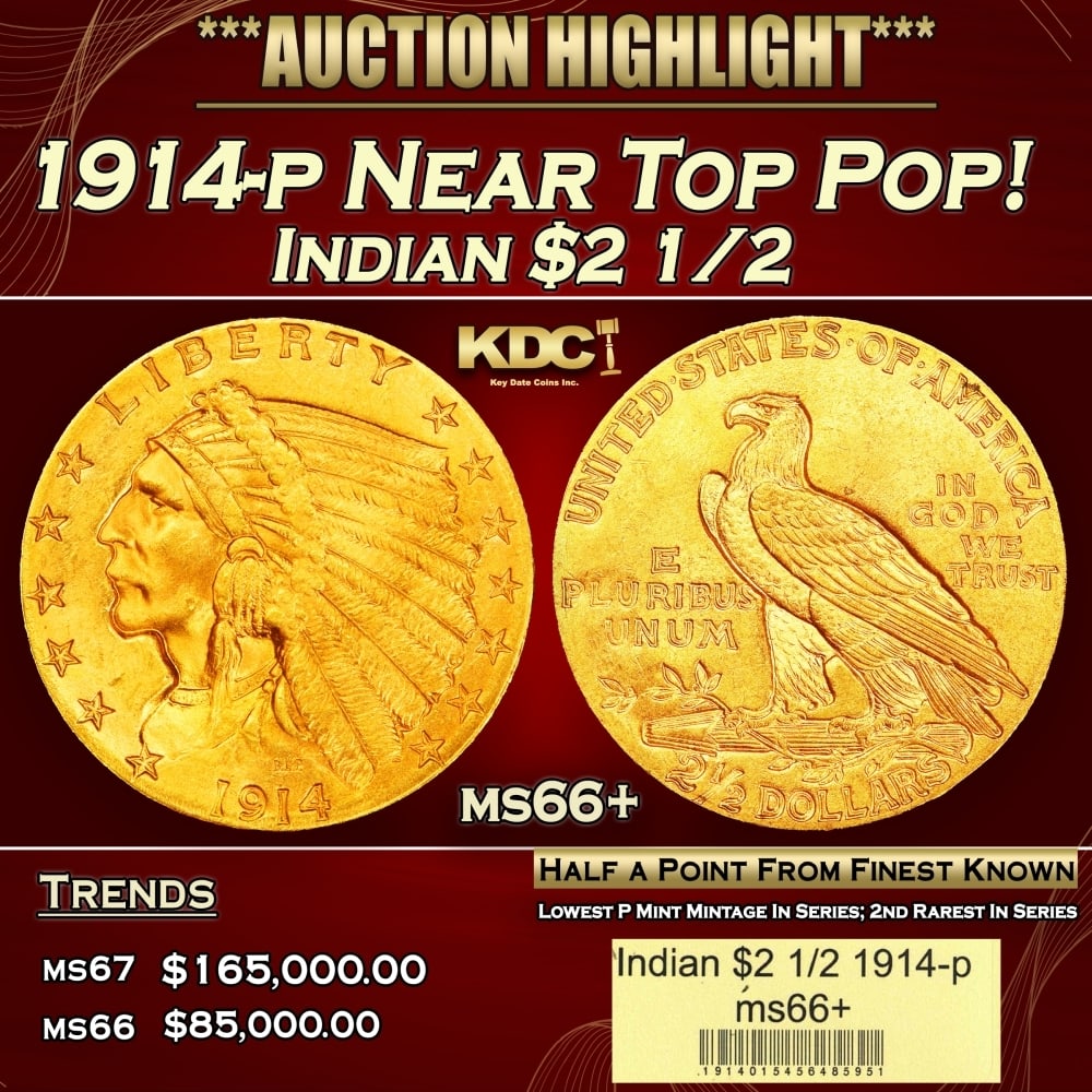 1914-p Gold Indian Quarter Eagle Near Top Pop! $2 1/2 ms66+ USCG: 1914-p Near Top Pop! Gold Indian Quarter Eagle $2 1/2 ms66+ USCG. The 1914 Indian quarter eagle boasts the lowest mintage of any Philadelphia issue of the series, at a mere 240,000 pieces. The 1914 is