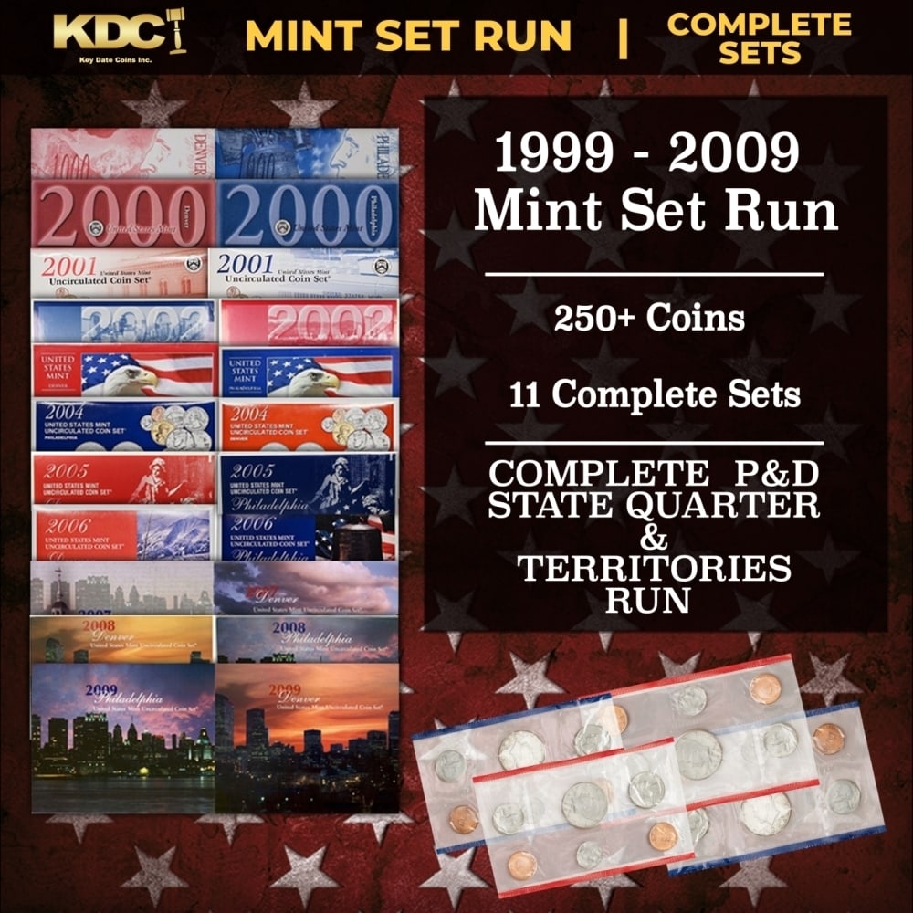 1999-2009 Mint Set Run - 256 Coins, 11 Complete Sets Complete 50 State Quarters & Territories Run: 1999-2009 Mint Set Run - 256 Coins, 11 Complete Sets Complete 50 State Quarters & Territories Run. 1999-2009 50 State Quarters & Territories Full Mint Set Run - 256 Coins, 11 Complete Sets. This group