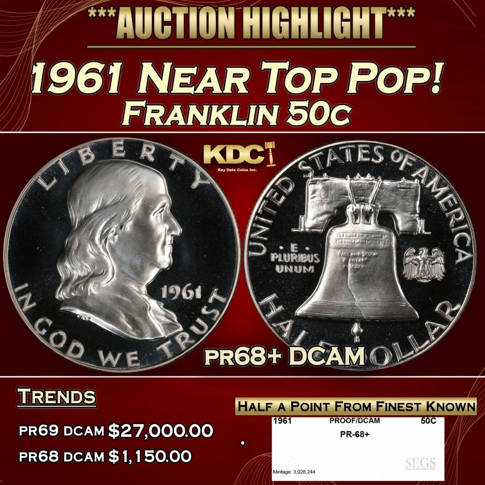 1961 Proof Franklin Half Dollar Near Top Pop! 50c pr68+ DCAM SEGS: 1961 Near Top Pop! Franklin Half Dollar 50c pr68+ DCAM SEGS. Historic precious metal trends is causing increased spot pricing by the day. On auctions with set openings, we are doing our best to have i