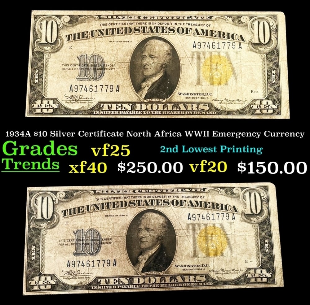 1934A $10 Silver Certificate North Africa WWII Emergency Currency Grades vf+: 1934A $10 Silver Certificate North Africa WWII Emergency Currency Grades vf+.