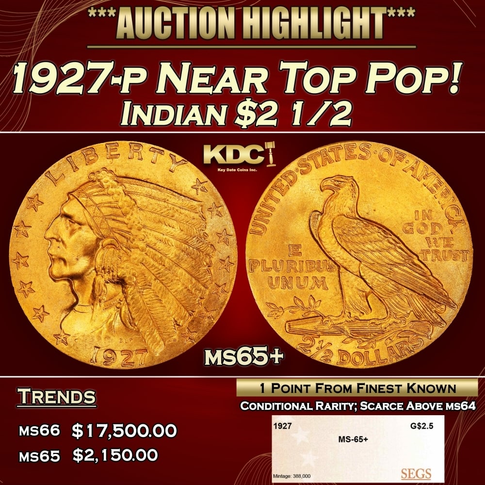 1927-p Gold Indian Quarter Eagle Near Top Pop! $2 1/2 ms65+ SEGS: 1927-p Near Top Pop! Gold Indian Quarter Eagle $2 1/2 ms65+ SEGS. Per David Akers of PCGS "The 1927 is similar in overall rarity to the 1926 and can be obtained without much difficulty in MS-65 or low