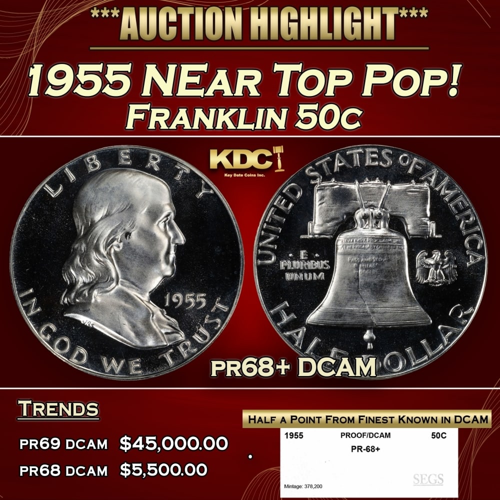 1955 Proof Franklin Half Dollar NEar Top Pop! 50c pr68+ DCAM SEGS: 1955 NEar Top Pop! Franklin Half Dollar 50c pr68+ DCAM SEGS. Historic precious metal trends is causing increased spot pricing by the day. On auctions with set openings, we are doing our best to have i