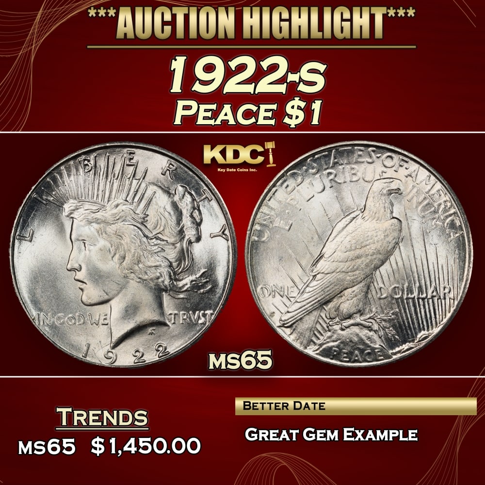 1922-s Peace Dollar $1 ms65 SEGS: 1922-s Peace Dollar $1 ms65 SEGS. 0