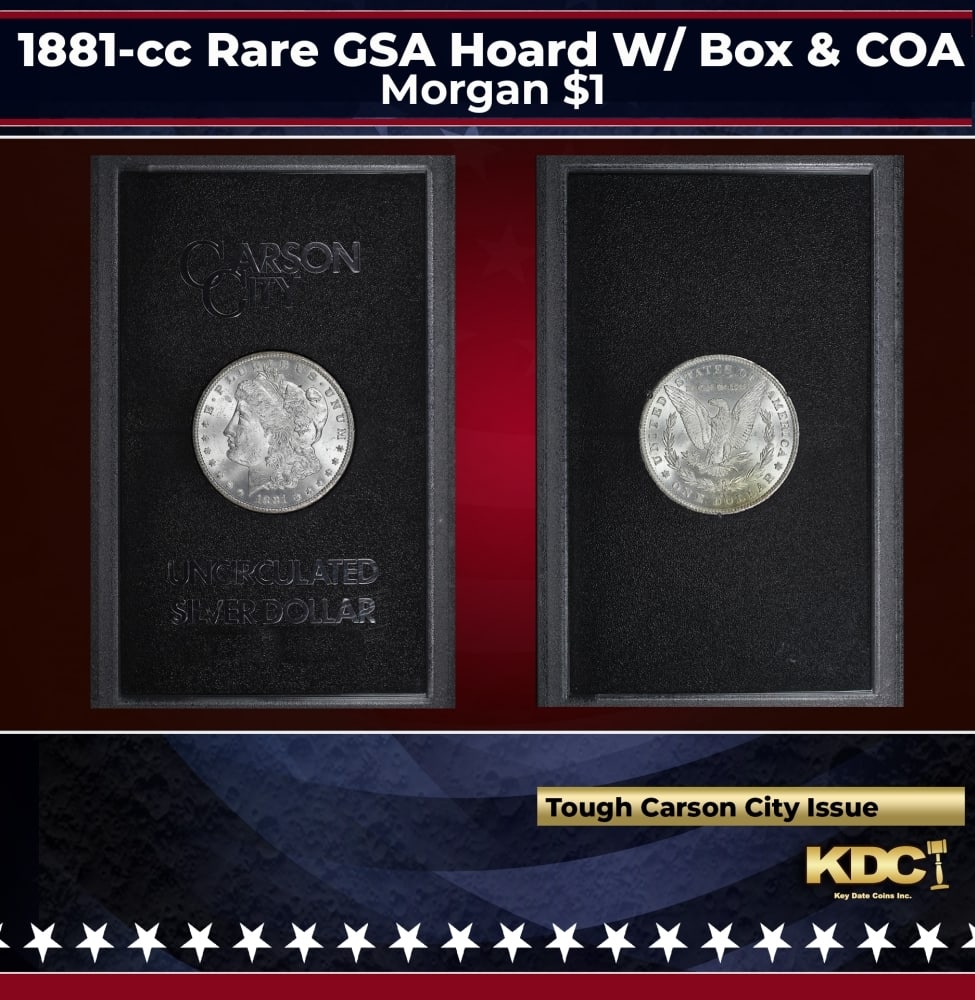 1881-cc Morgan Dollar Rare GSA Hoard W/ Box & COA $1 Grades n/a: 1881-cc Rare GSA Hoard W/ Box & COA Morgan Dollar $1 Grades n/a. 0 DISCOVERY OF THE GSA HOARDUntil 1964, people in the U.S could redeem silver certificate paper money for silver dollars.In 1963, the H