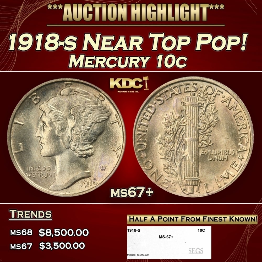 1918-s Mercury Dime Near Top Pop! 10c ms67+ SEGS: 1918-s Near Top Pop! Mercury Dime 10c ms67+ SEGS. 0