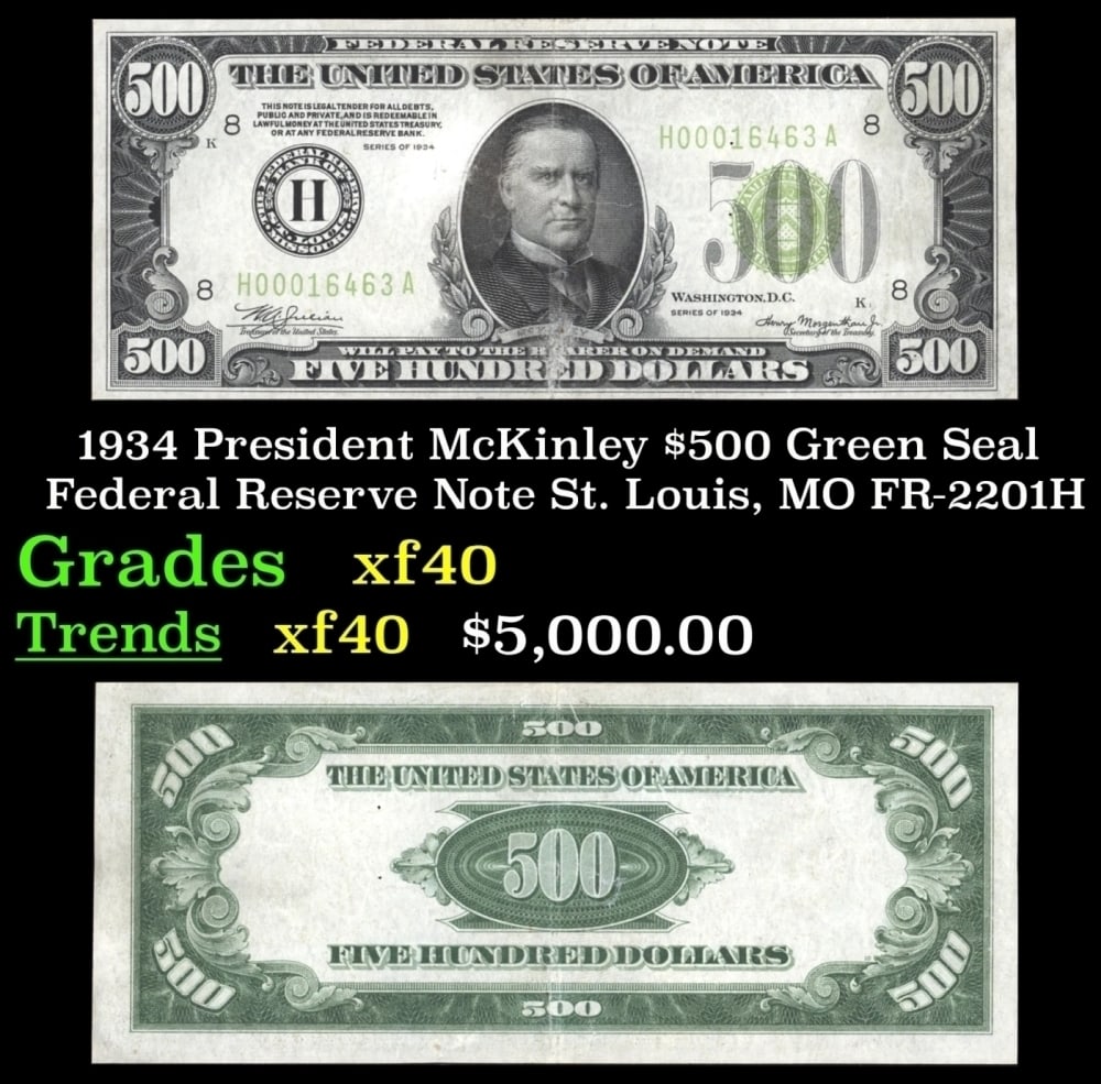 1934 FR-2201H $500 Green Seal Federal Reserve Note Grades xf: 1934 FR-2201H $500 Green Seal Federal Reserve Note Grades xf.
