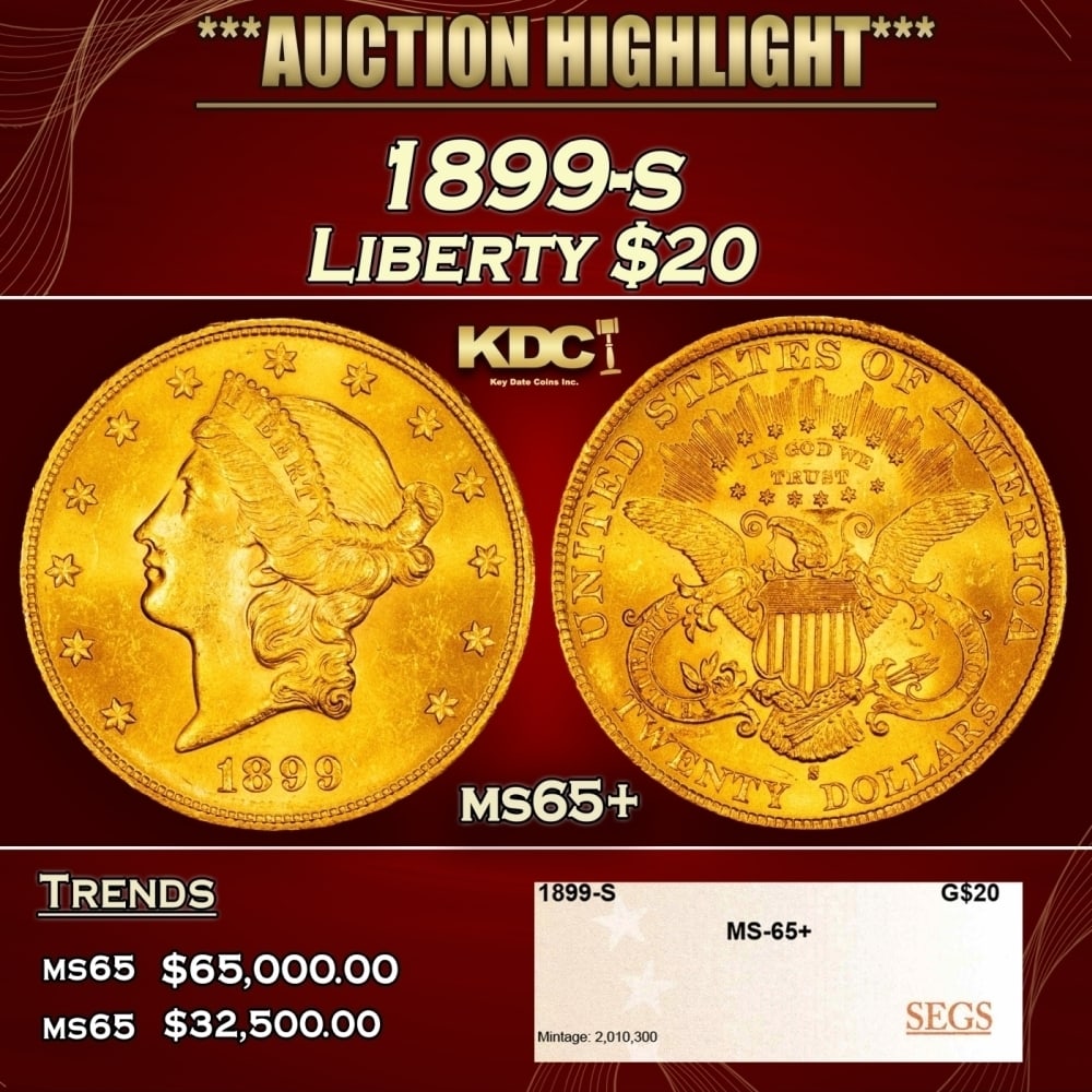 1899-s Gold Liberty Double Eagle $20 ms65+ SEGS: 1899-s Gold Liberty Double Eagle $20 ms65+ SEGS. 0