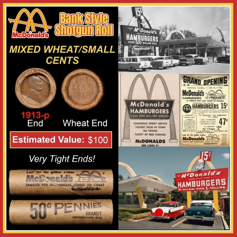 Lincoln Wheat Cent 1c Mixed Roll Orig Brandt McDonalds Wrapper, 1913-p end, Wheat other end: Lincoln Wheat Cent 1c Mixed Roll Orig Brandt McDonalds Wrapper, 1913-p end, Wheat other end. Lincoln Wheat Cent 1c mixed original Shotgun Roll. Actual roll pictured is the roll you will get. A great o