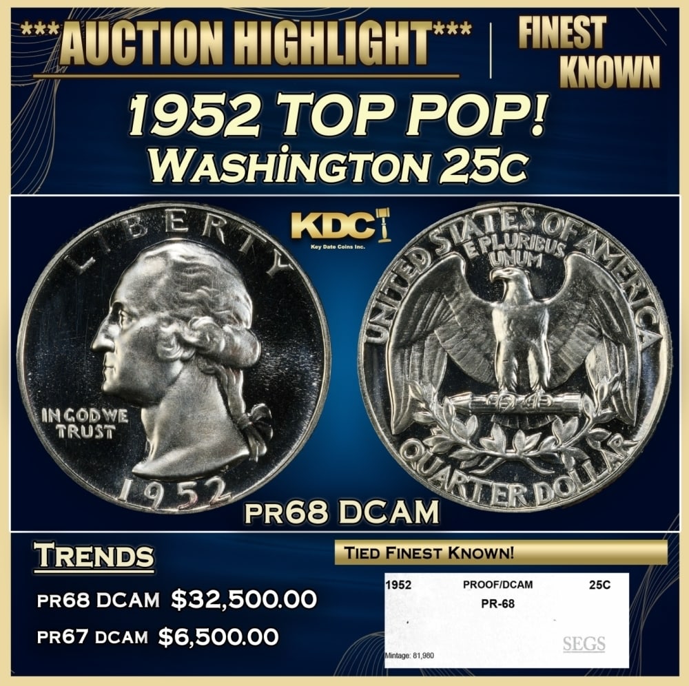 1952 Proof Washington Quarter TOP POP! 25c pr68 DCAM SEGS: 1952 TOP POP! Washington Quarter 25c pr68 DCAM SEGS. 0