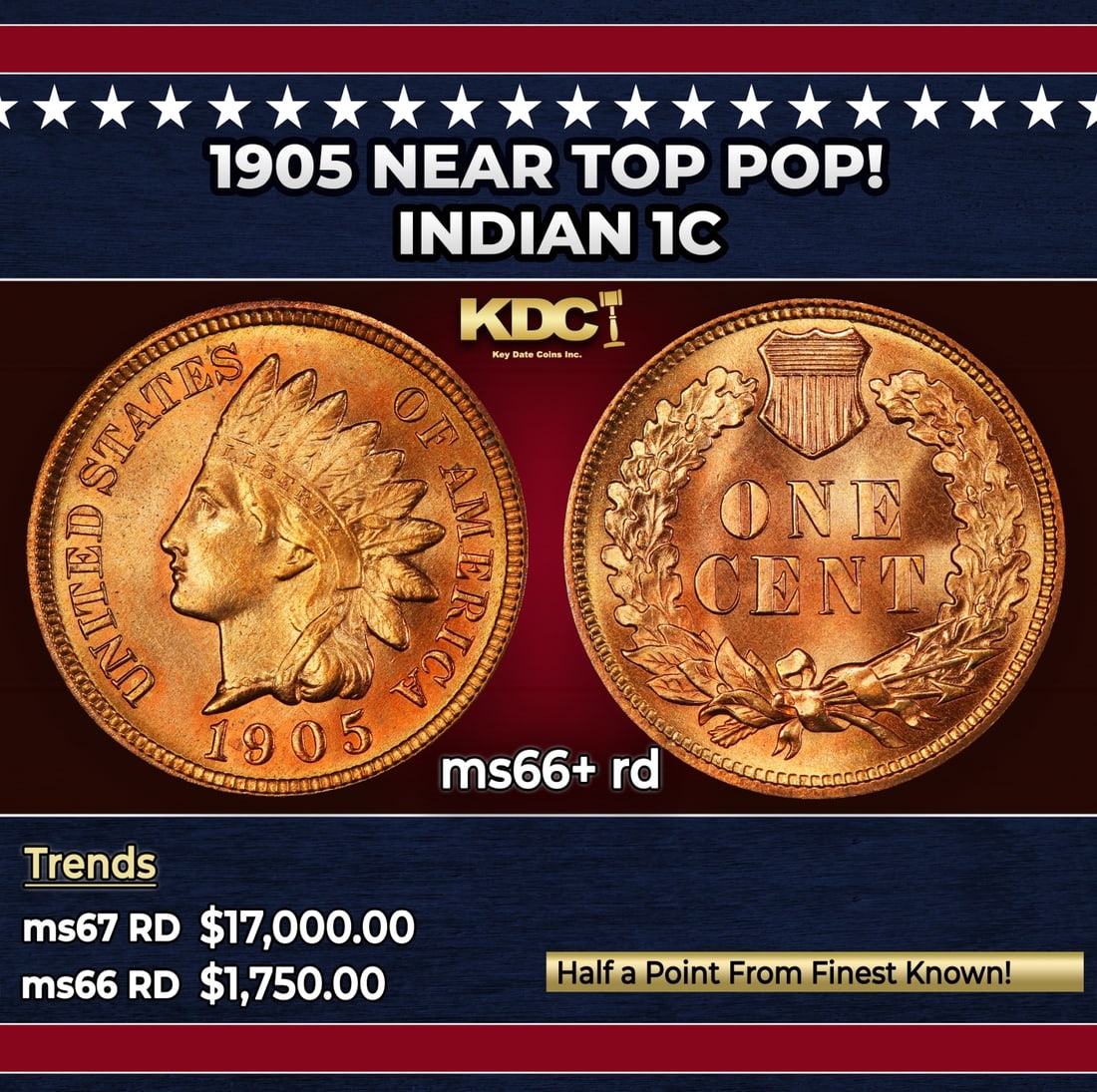 1905 Indian Cent Near Top Pop! 1c ms66+ rd SEGS: 1905 Near Top Pop! Indian Cent 1c ms66+ rd SEGS. Historic precious metal trends is causing increased spot pricing by the day. On auctions with set openings, we are doing our best to have items priced