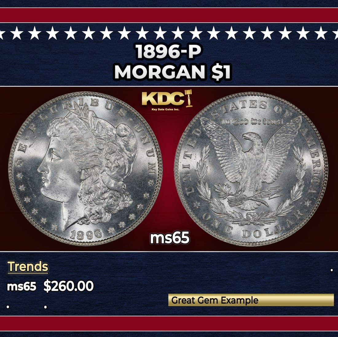 1896-p Morgan Dollar $1 Grades ms65: 1896-p Morgan Dollar $1 Grades ms65. Historic precious metal trends is causing increased spot pricing by the day. On auctions with set openings, we are doing our best to have items priced at their mar