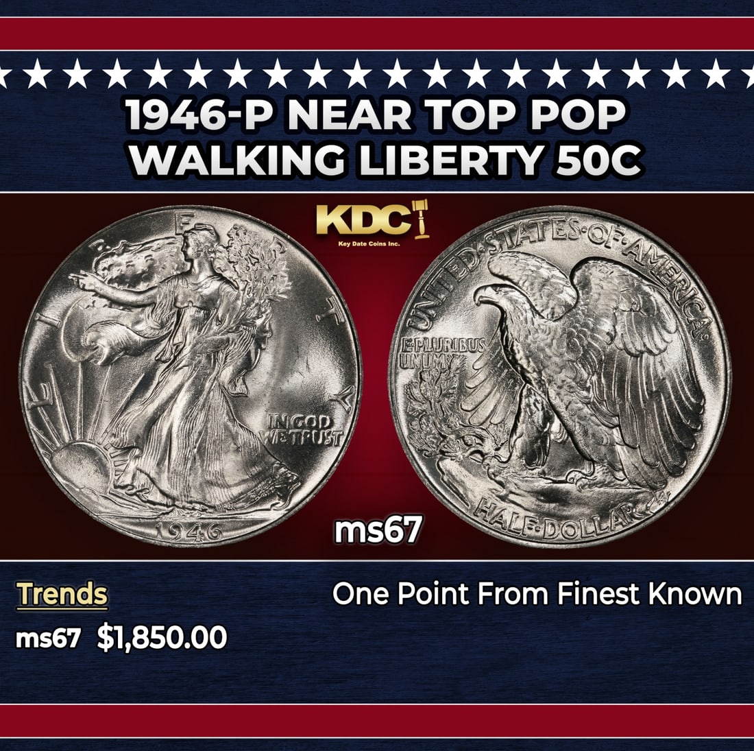 1946-p Walking Liberty Half Dollar Near Top Pop 50c ms67 SEGS: 1946-p Near Top Pop Walking Liberty Half Dollar 50c ms67 SEGS. Historic precious metal trends is causing increased spot pricing by the day. On auctions with set openings, we are doing our best to have