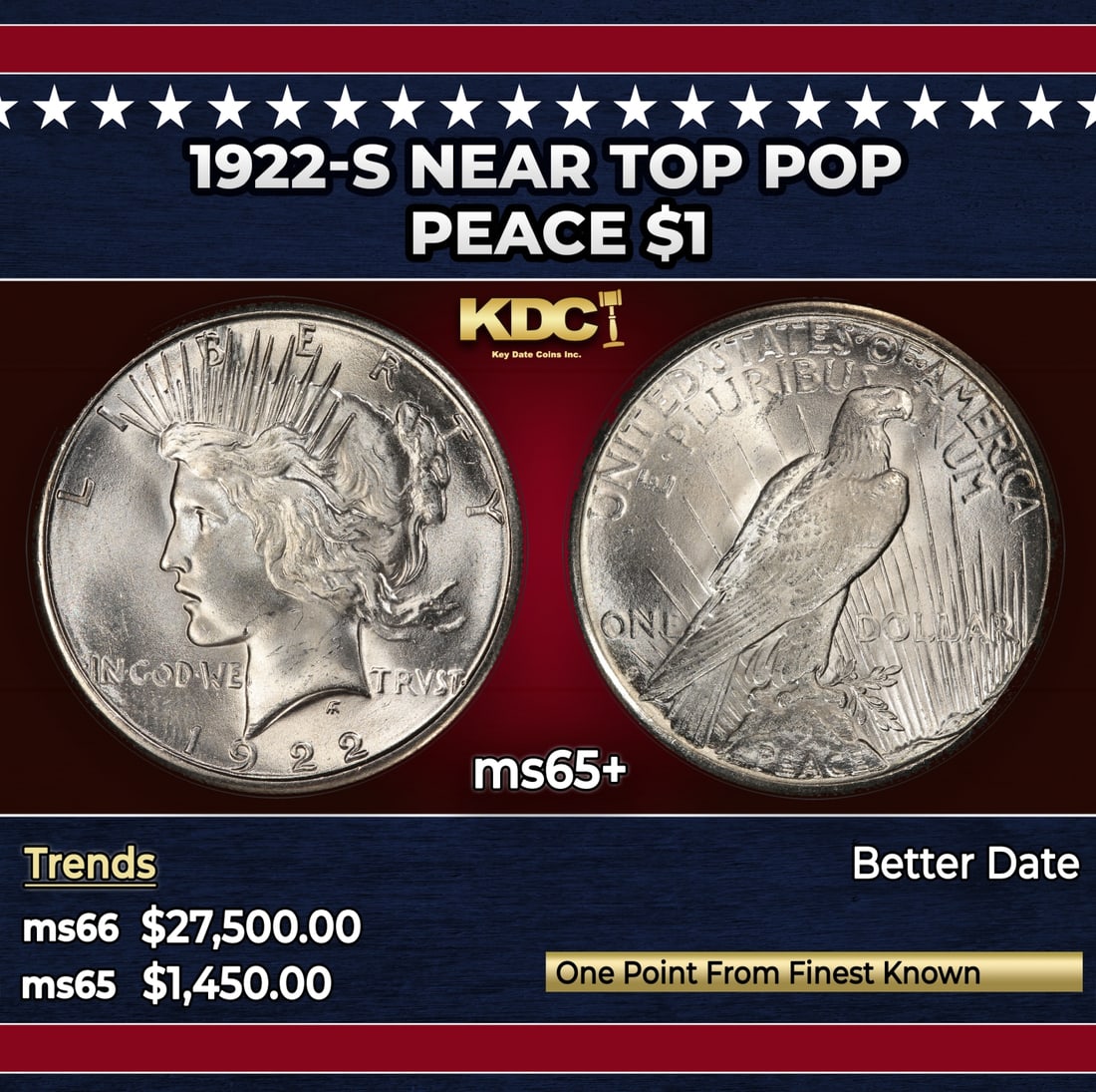 1922-s Peace Dollar Near Top Pop $1 ms65+ SEGS: 1922-s Near Top Pop Peace Dollar $1 ms65+ SEGS. Historic precious metal trends is causing increased spot pricing by the day. On auctions with set openings, we are doing our best to have items priced a