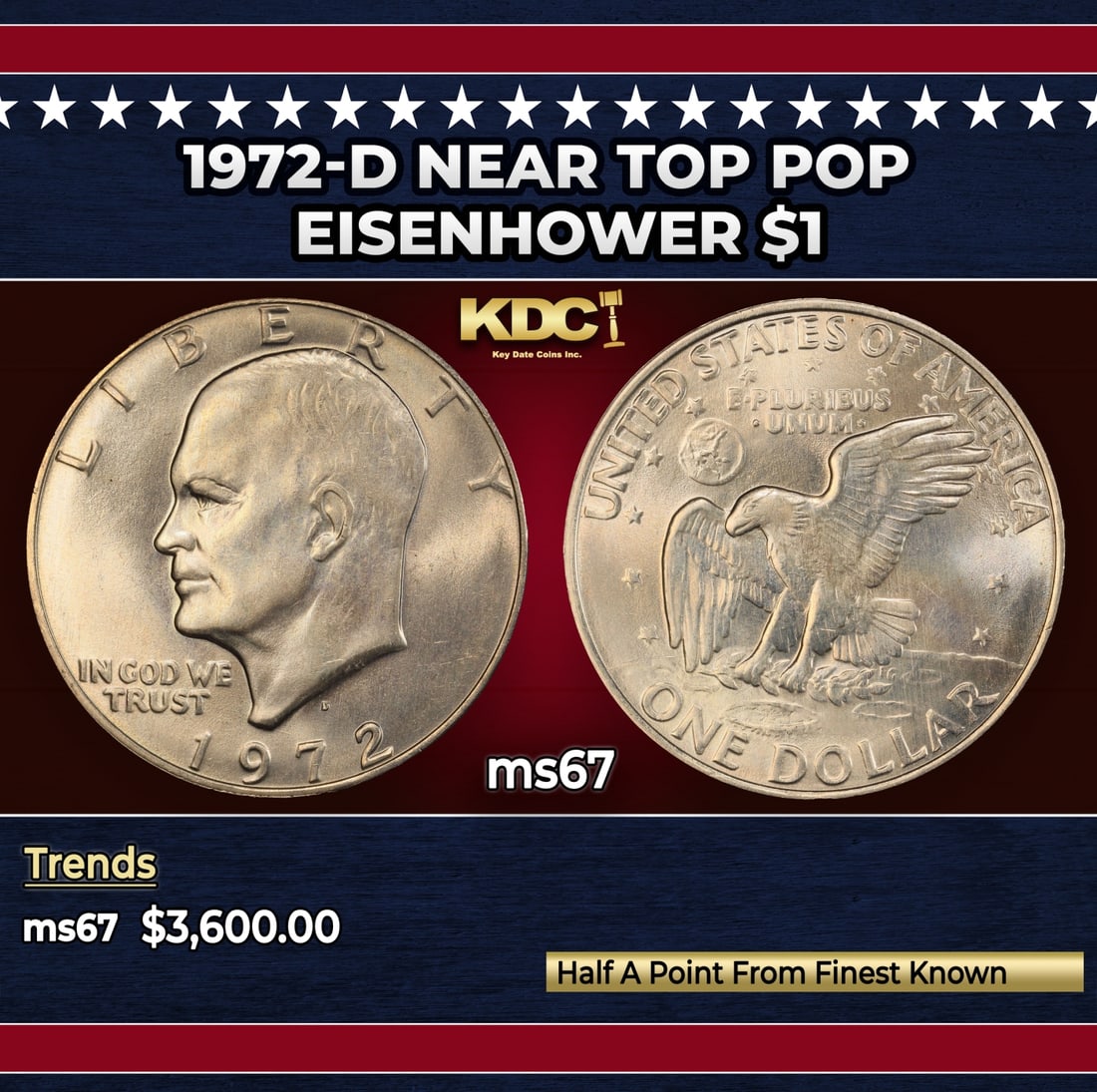 1972-d Eisenhower Dollar Near Top Pop $1 ms67 SEGS: 1972-d Near Top Pop Eisenhower Dollar $1 ms67 SEGS. Historic precious metal trends is causing increased spot pricing by the day. On auctions with set openings, we are doing our best to have items pric