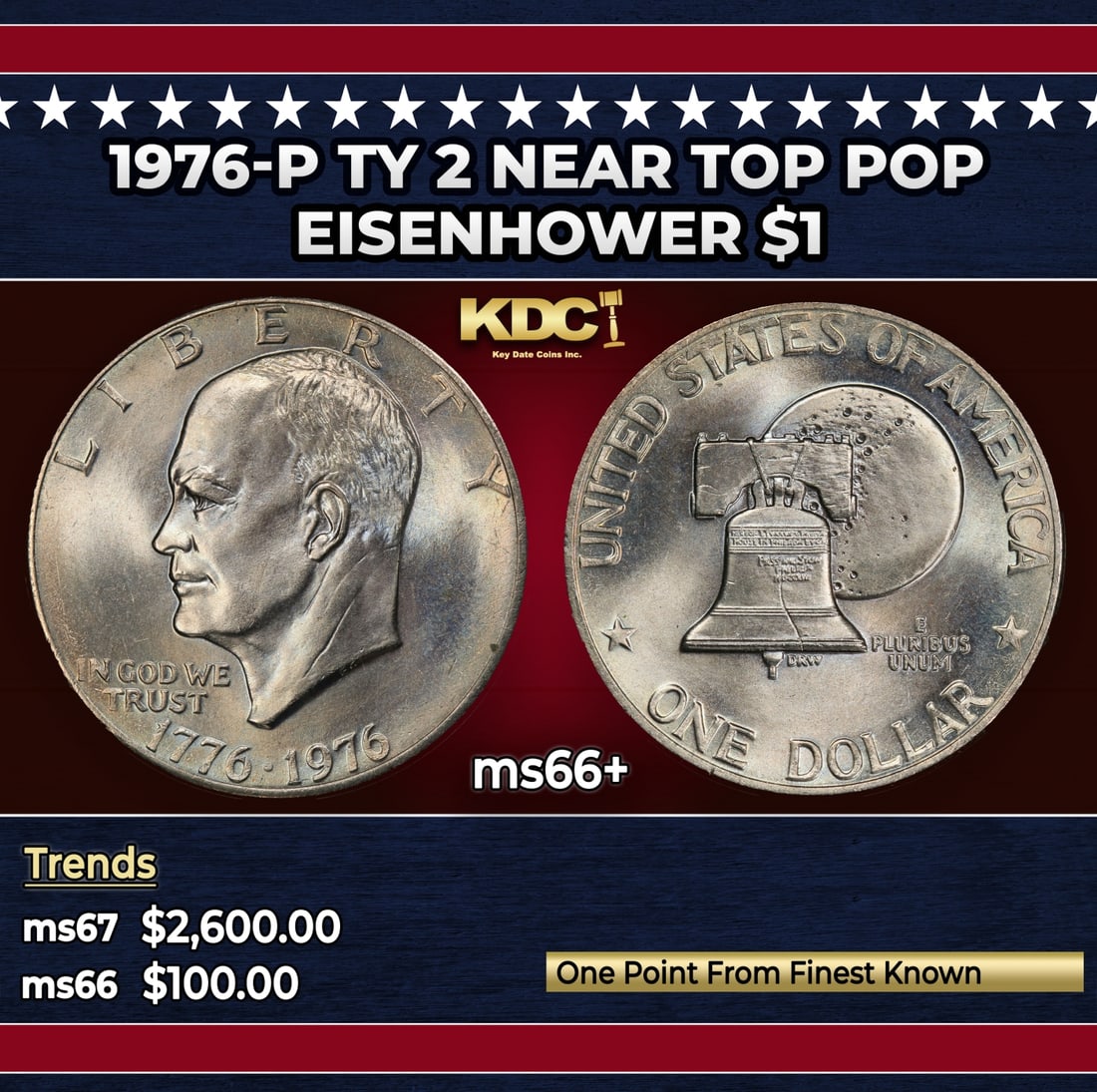 1976-p Ty 2 Eisenhower Dollar Near Top Pop $1 ms66+ SEGS: 1976-p Ty 2 Near Top Pop Eisenhower Dollar $1 ms66+ SEGS. Historic precious metal trends is causing increased spot pricing by the day. On auctions with set openings, we are doing our best to have item