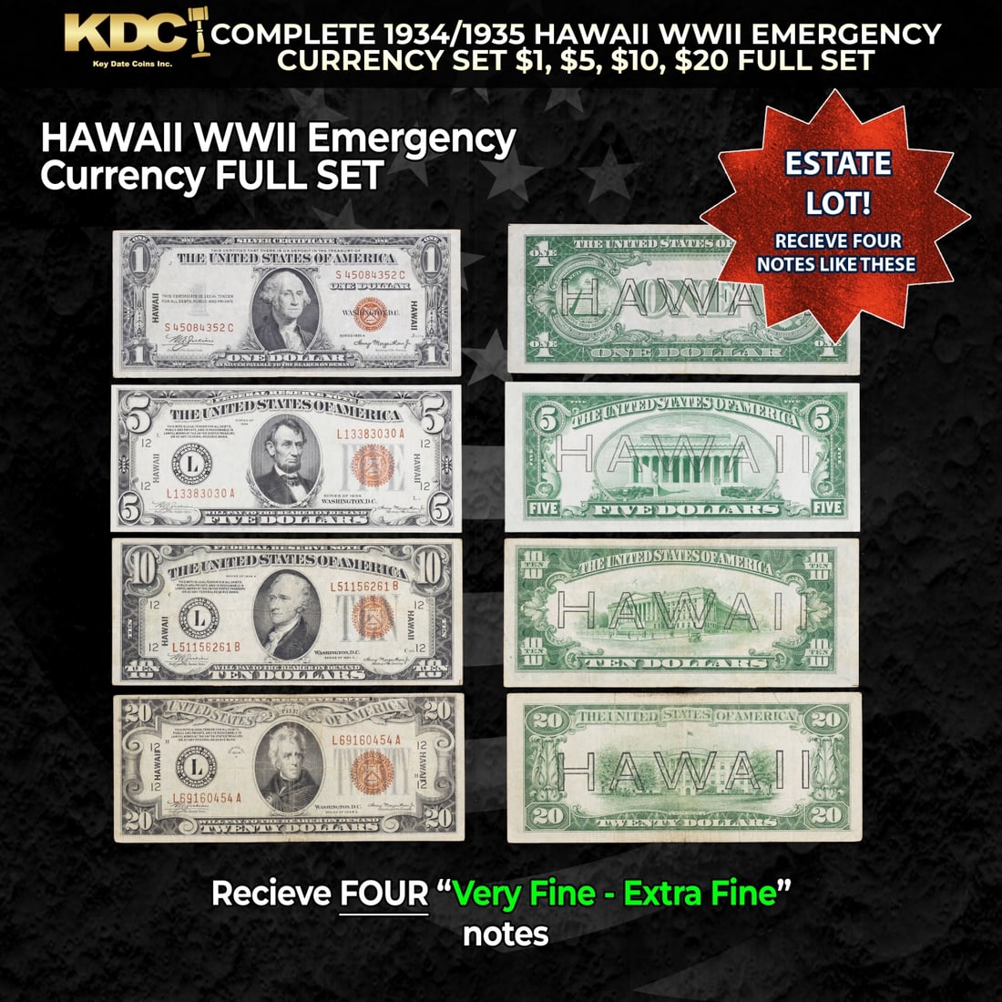 Complete 1934/1935 Hawaii WWII Emergency Currency Set $1, $5, $10, $20 FULL SET Grades VF/XF: Complete 1934/1935 Hawaii WWII Emergency Currency Set $1, $5, $10, $20 FULL SET Grades VF/XF. It was the darkest days of World War II, just after Pearl Harbor. Everybody in Hawaii was sitting on pins