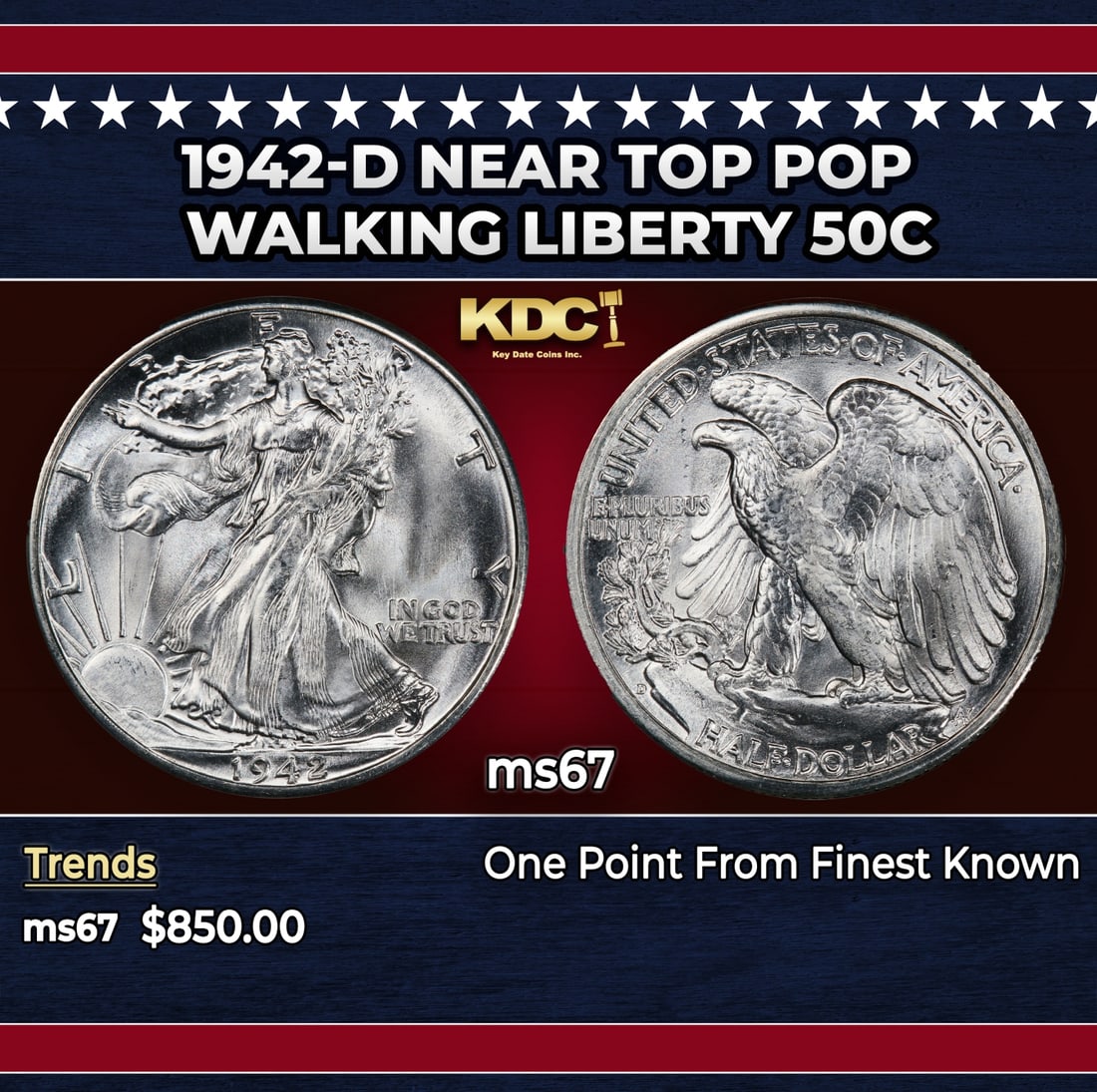 1942-d Walking Liberty Half Dollar Near Top Pop 50c ms67 SEGS: 1942-d Near Top Pop Walking Liberty Half Dollar 50c ms67 SEGS. Historic precious metal trends is causing increased spot pricing by the day. On auctions with set openings, we are doing our best to have