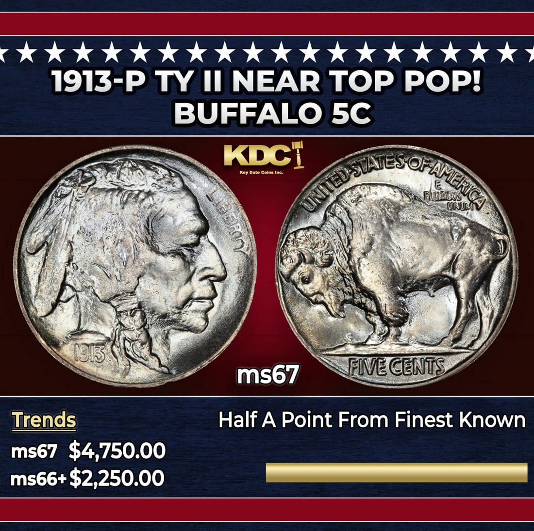 1913-p Ty II Buffalo Nickel Near Top Pop! 5c ms67 SEGS: 1913-p Ty II Near Top Pop! Buffalo Nickel 5c ms67 SEGS. Historic precious metal trends is causing increased spot pricing by the day. On auctions with set openings, we are doing our best to have items