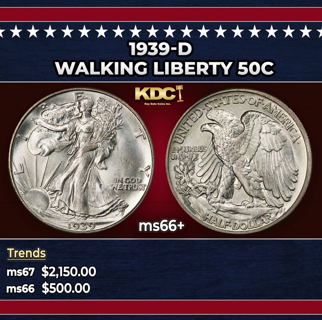 1939-d Walking Liberty Half Dollar 50c ms66+ SEGS: 1939-d Walking Liberty Half Dollar 50c ms66+ SEGS. Historic precious metal trends is causing increased spot pricing by the day. On auctions with set openings, we are doing our best to have items price