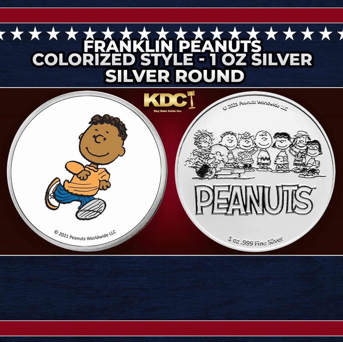 Franklin Peanuts Colorized Style - 1 oz Silver Round Round: Franklin Peanuts Colorized Style - 1 oz Silver Round. Now you can collect all of the classic Peanuts characters on these officially licensed silver rounds! Contains 1oz of .999 Fine Silver.Historic pr