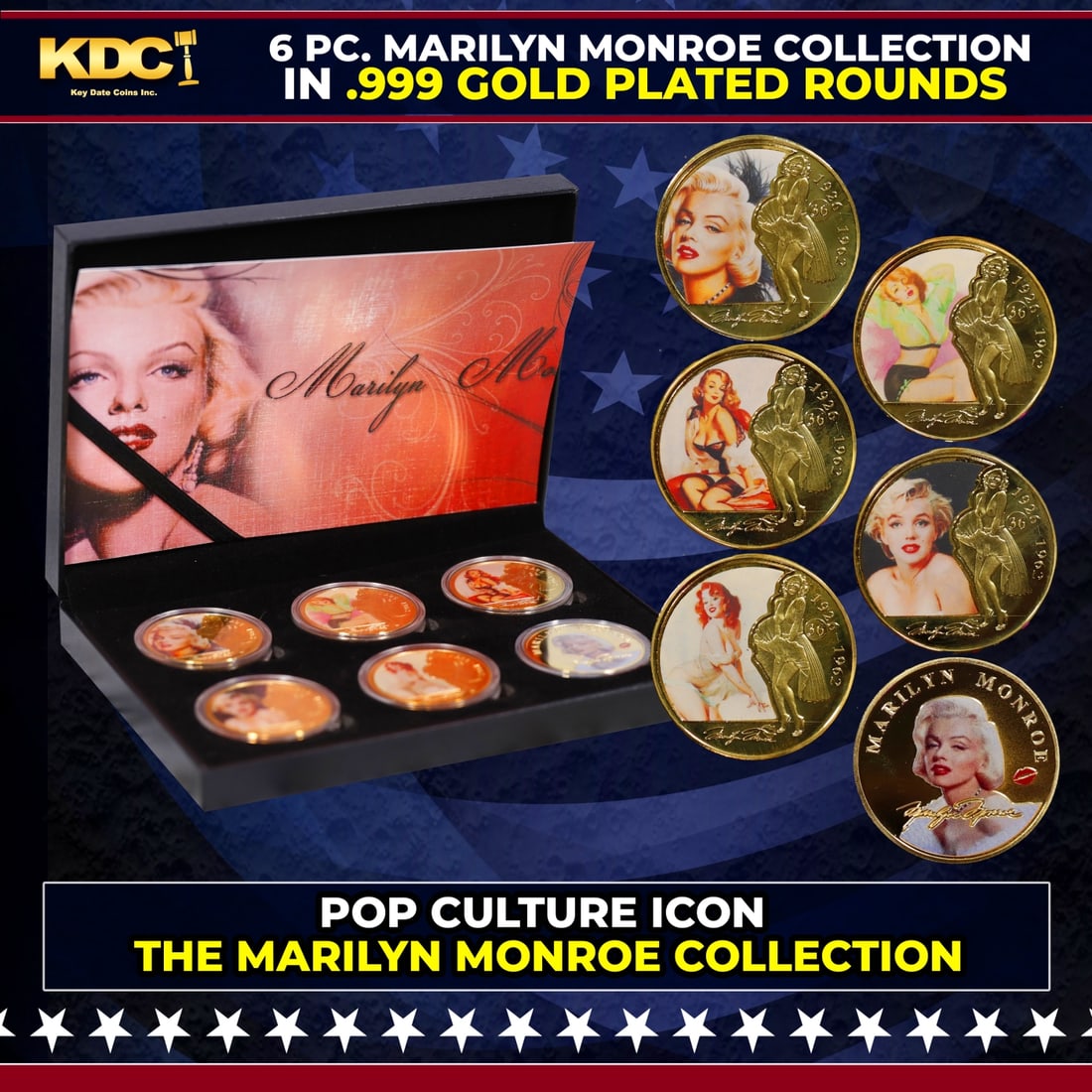 1926-1962 6 Coin Marilyn Monroe Gold Plated Round Collection #4 POP CULTURE ICON: 1926-1962 6 Coin Marilyn Monroe Gold Plated Round Collection #4 POP CULTURE ICON. Please Note All Backer Cards may have slight differences but will be very similar if not identical to the one in the p