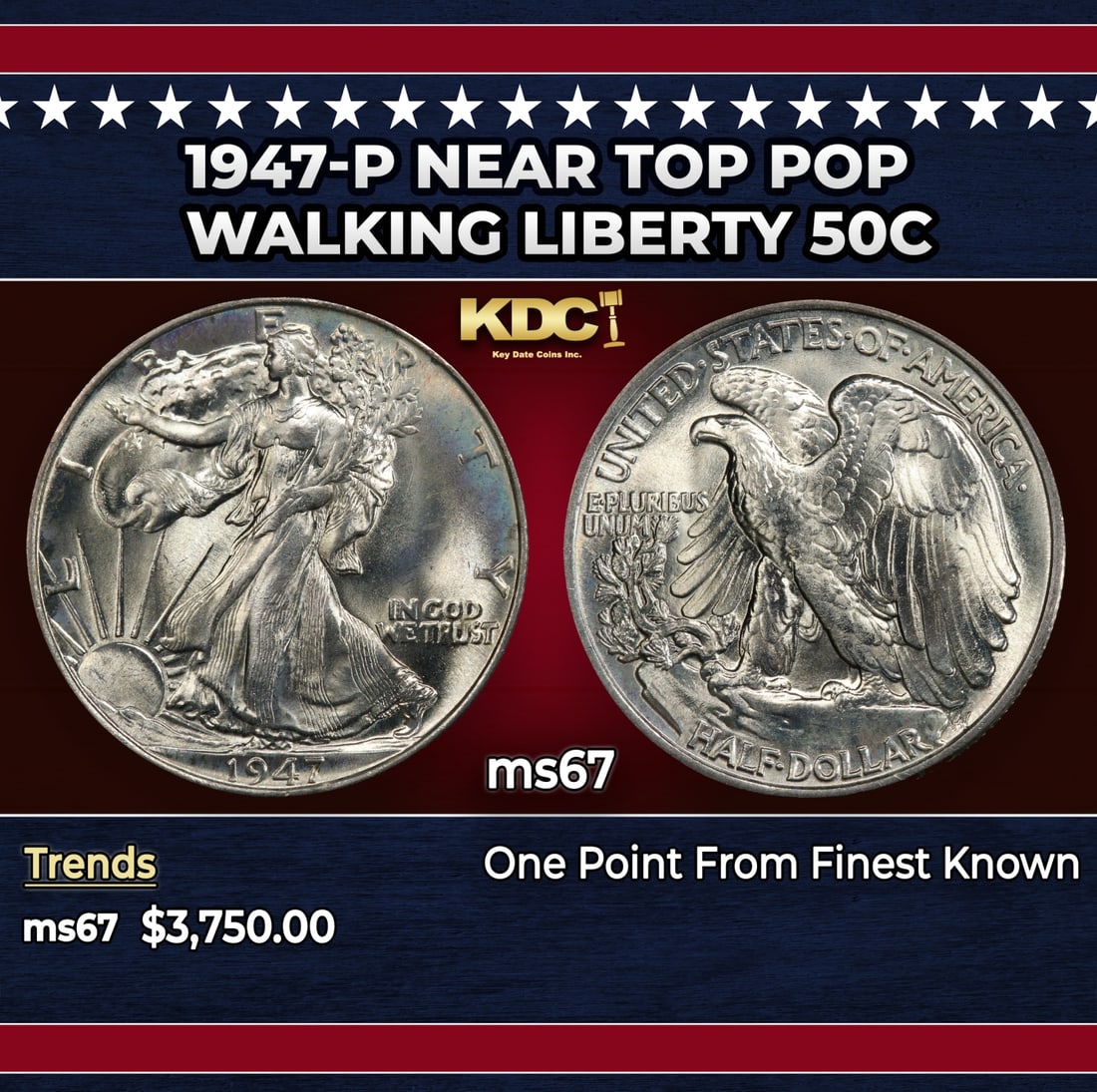 1947-p Walking Liberty Half Dollar Near Top Pop 50c ms67 SEGS: 1947-p Near Top Pop Walking Liberty Half Dollar 50c ms67 SEGS. Historic precious metal trends is causing increased spot pricing by the day. On auctions with set openings, we are doing our best to have