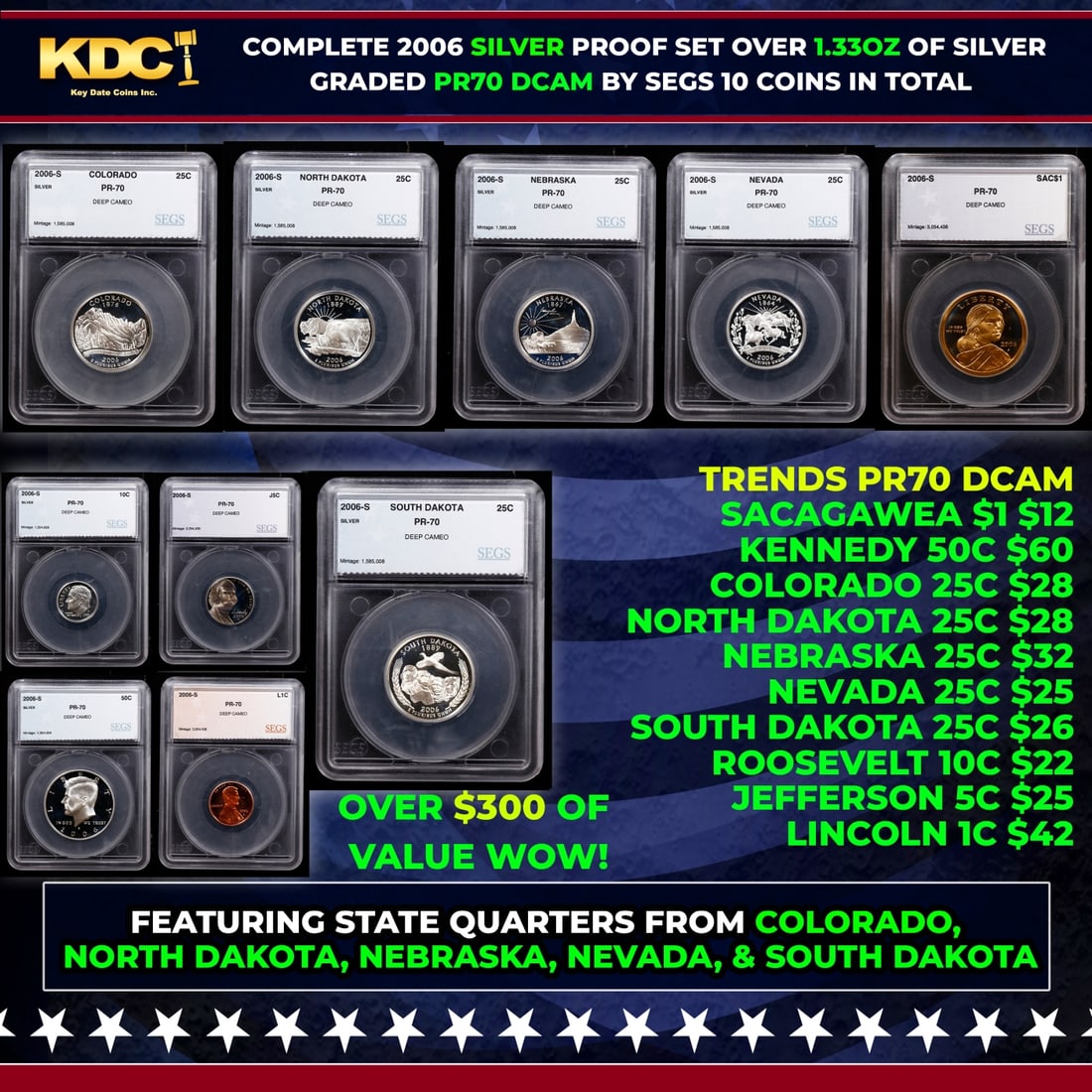 2006 US Silver Proof Set Graded pr70 DCAM By SEGS about 1.5 oz of pure silver 10 Coins: 2006 US Silver Proof Set Graded pr70 DCAM By SEGS about 1.5 oz of pure silver 10 Coins. Historic precious metal trends is causing increased spot pricing by the day. On auctions with set openings, we a