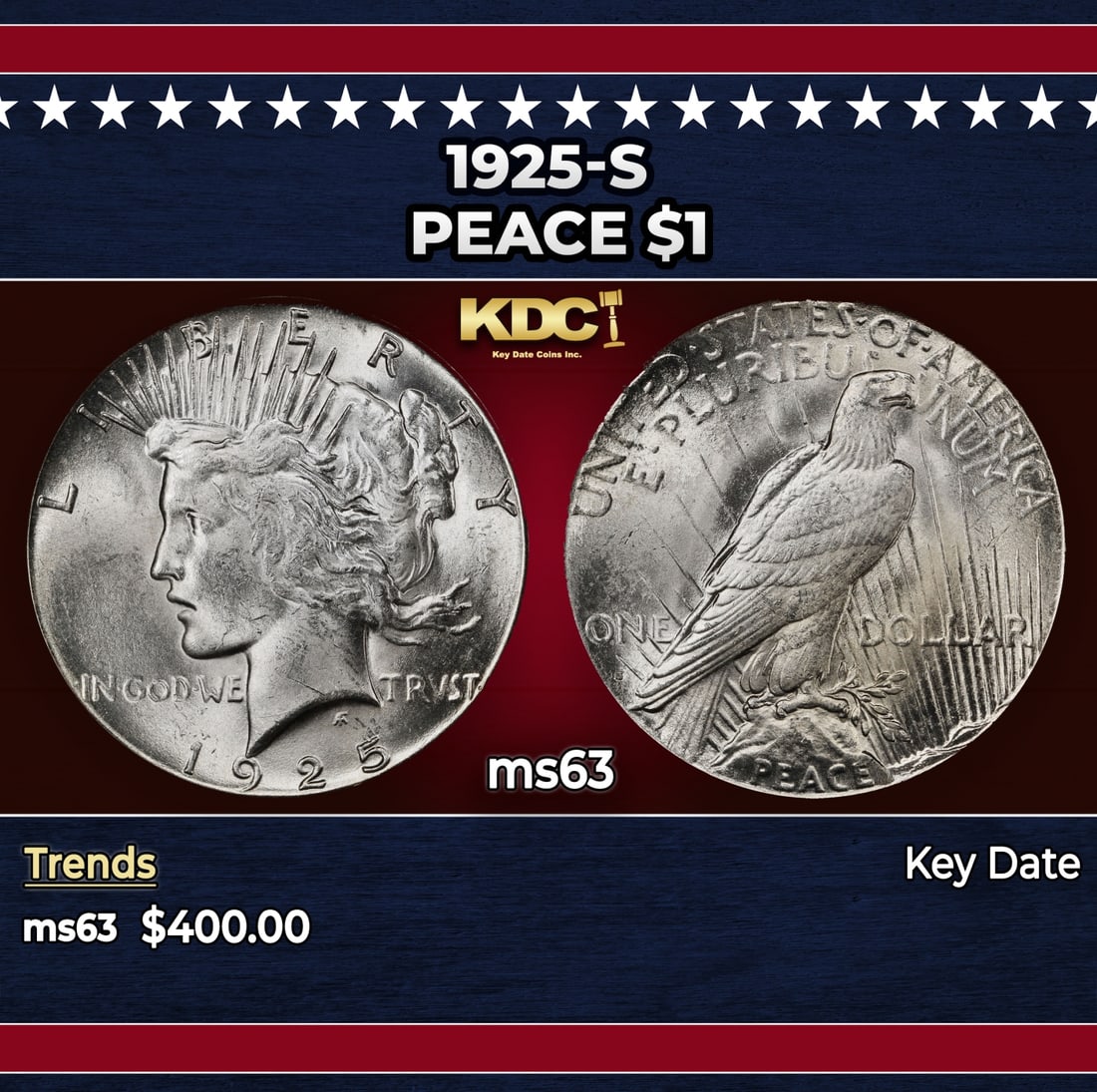 1925-s Peace Dollar $1 Grades ms63: 1925-s Peace Dollar $1 Grades ms63. Historic precious metal trends is causing increased spot pricing by the day. On auctions with set openings, we are doing our best to have items priced at their mark