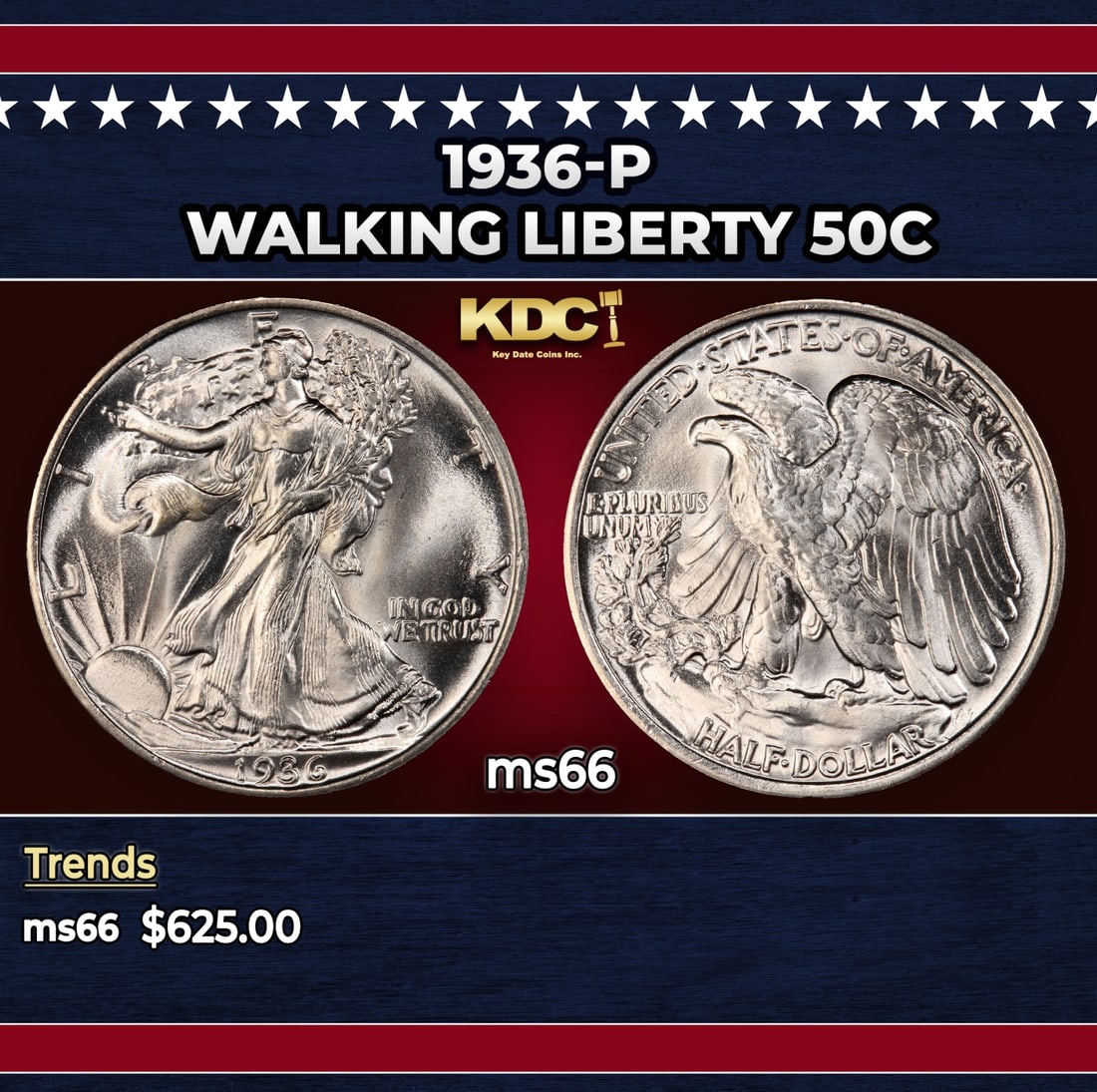 1936-p Walking Liberty Half Dollar 50c Grades ms66: 1936-p Walking Liberty Half Dollar 50c Grades ms66. Historic precious metal trends is causing increased spot pricing by the day. On auctions with set openings, we are doing our best to have items pric