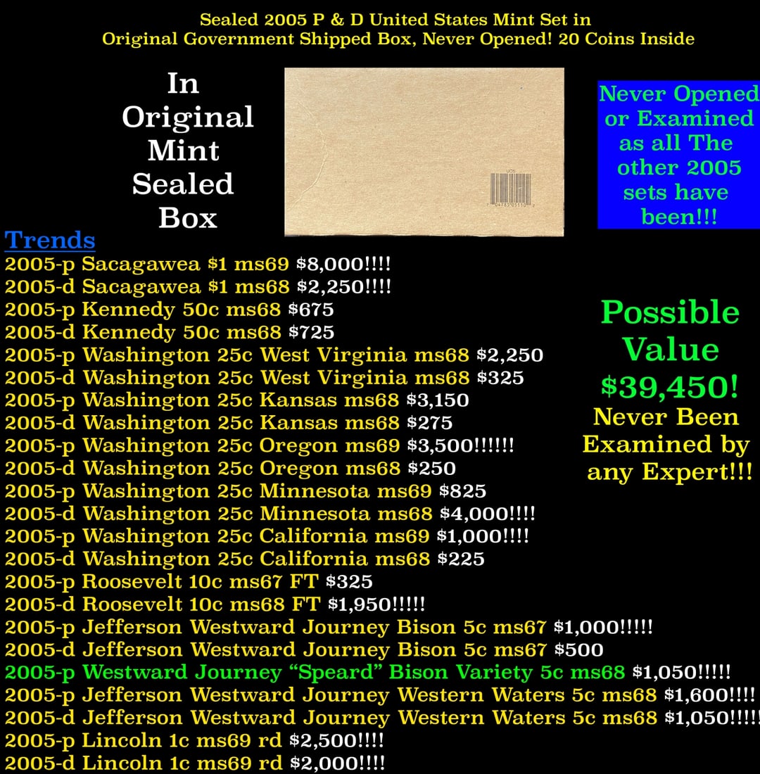 Sealed 2005 United States Mint Set in Original Government Shipped Box, Never Opened! 22 Coins: Sealed 2005 United States Mint Set in Original Government Shipped Box, Never Opened! 22 Coins Inside!. The 2005 Mint Set was the first year to include coins struck with the so-called "satin finish". T