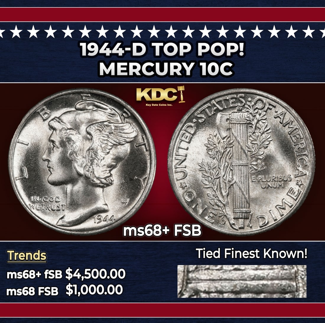 1944-d Mercury Dime TOP POP! 10c ms68+ FSB SEGS: 1944-d TOP POP! Mercury Dime 10c ms68+ FSB SEGS. Historic precious metal trends is causing increased spot pricing by the day. On auctions with set openings, we are doing our best to have items priced