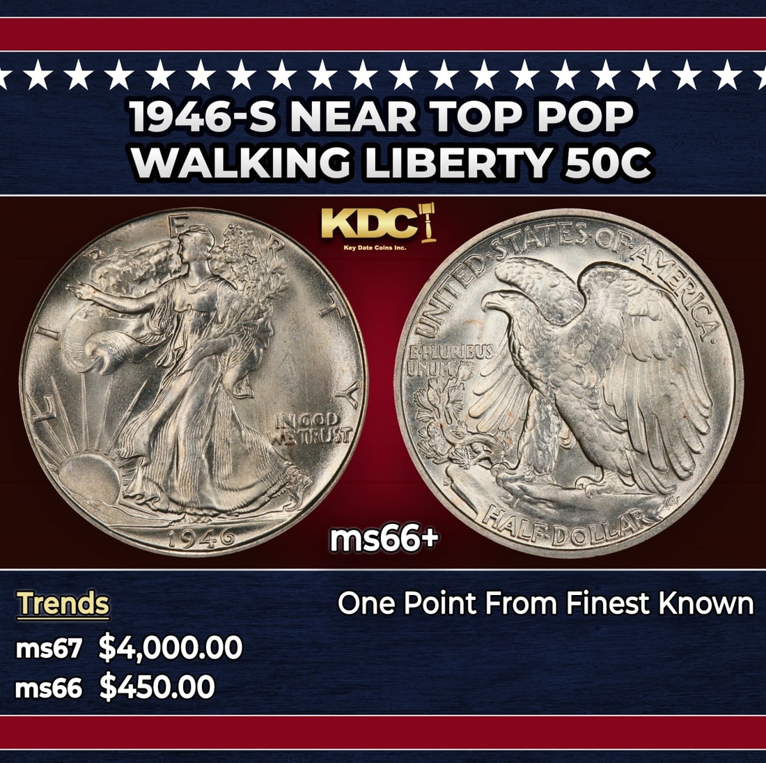 1946-s Walking Liberty Half Dollar Near Top Pop 50c ms66+ SEGS: 1946-s Near Top Pop Walking Liberty Half Dollar 50c ms66+ SEGS. Historic precious metal trends is causing increased spot pricing by the day. On auctions with set openings, we are doing our best to hav