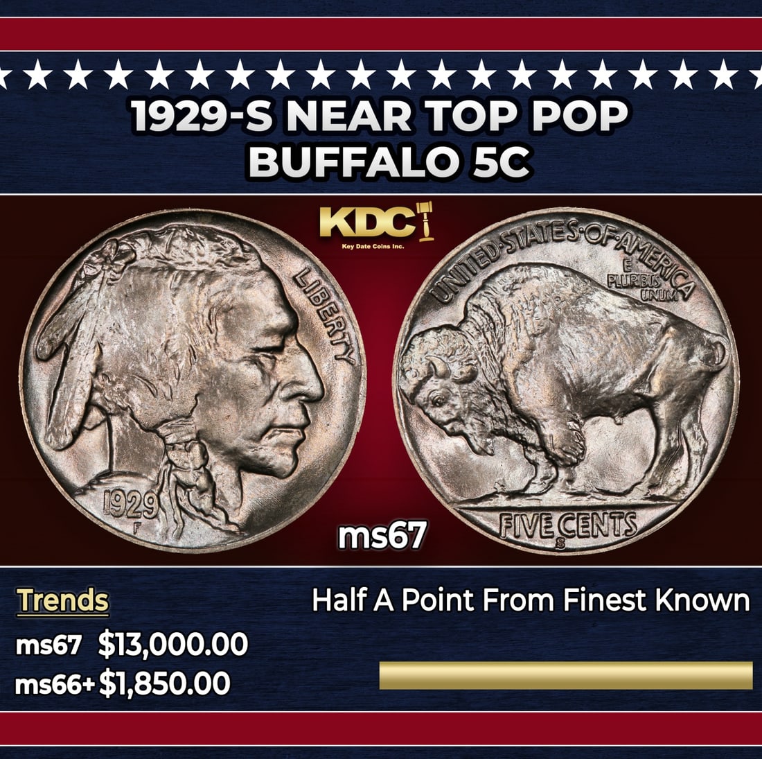 1929-s Buffalo Nickel Near Top Pop 5c ms67 SEGS: 1929-s Near Top Pop Buffalo Nickel 5c ms67 SEGS. Historic precious metal trends is causing increased spot pricing by the day. On auctions with set openings, we are doing our best to have items priced