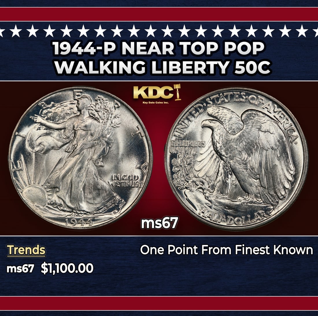 1944-p Walking Liberty Half Dollar Near Top Pop 50c ms67 SEGS: 1944-p Near Top Pop Walking Liberty Half Dollar 50c ms67 SEGS. Historic precious metal trends is causing increased spot pricing by the day. On auctions with set openings, we are doing our best to have