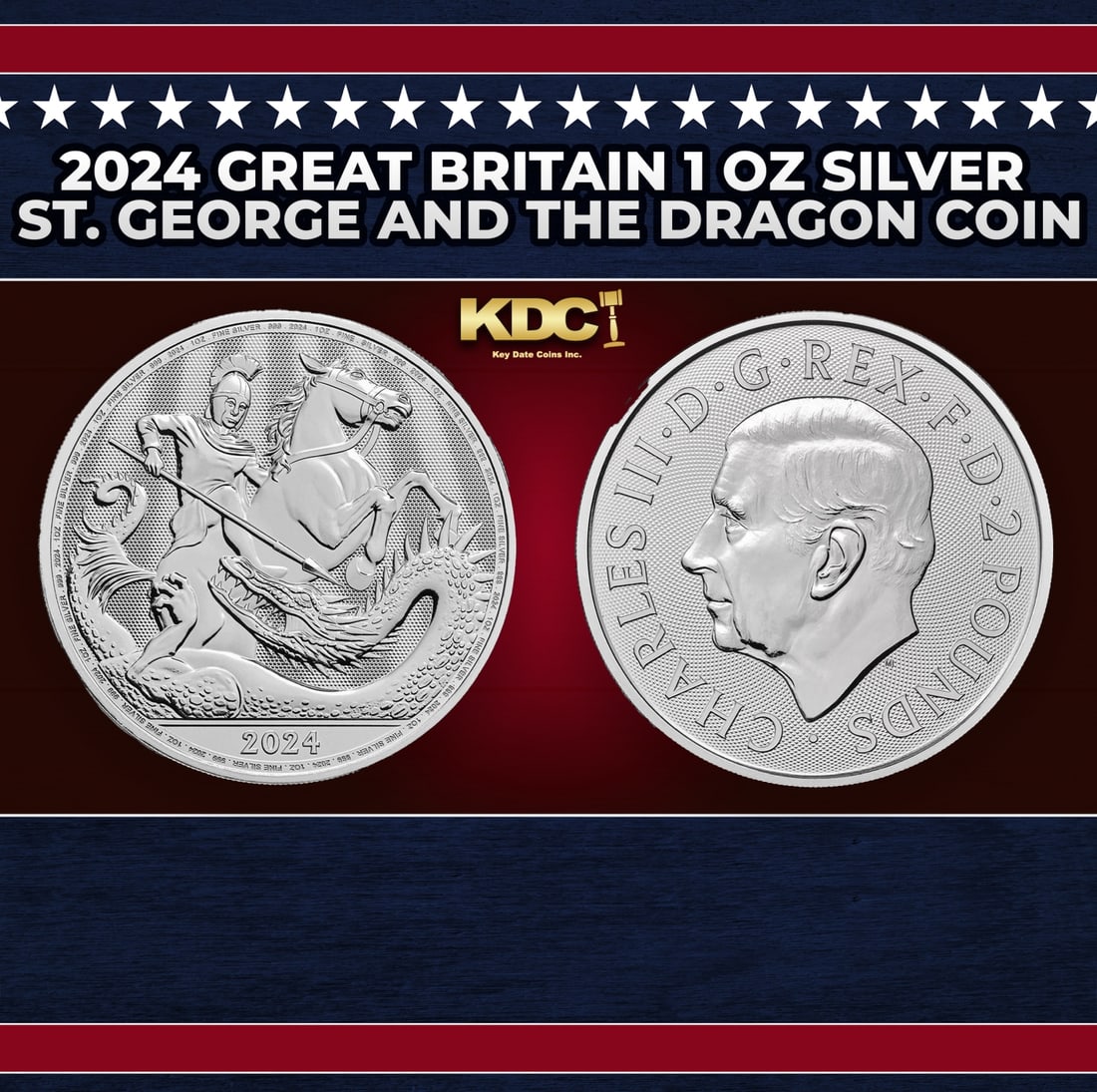 2024 Great Britain 1 oz Silver St. George and the Dragon Coin Round: 2024 Great Britain 1 oz Silver St. George and the Dragon Coin. This bullion coin from The Royal Mint, struck in .999 fine silver, features an intricate design capturing the heroic moment of St. George