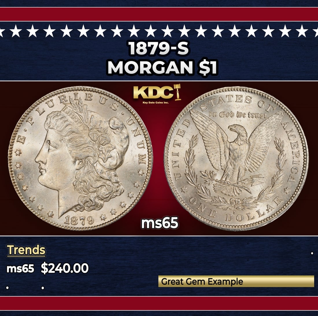 1879-s Morgan Dollar $1 Grades ms65: 1879-s Morgan Dollar $1 Grades ms65. Historic precious metal trends is causing increased spot pricing by the day. On auctions with set openings, we are doing our best to have items priced at their mar