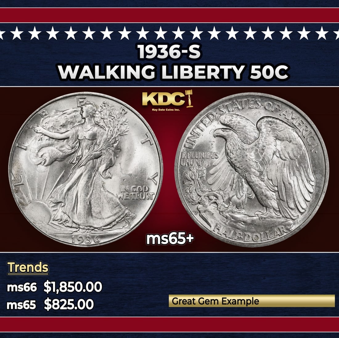 1936-s Walking Liberty Half Dollar 50c ms65+ SEGS: 1936-s Walking Liberty Half Dollar 50c ms65+ SEGS. Historic precious metal trends is causing increased spot pricing by the day. On auctions with set openings, we are doing our best to have items price