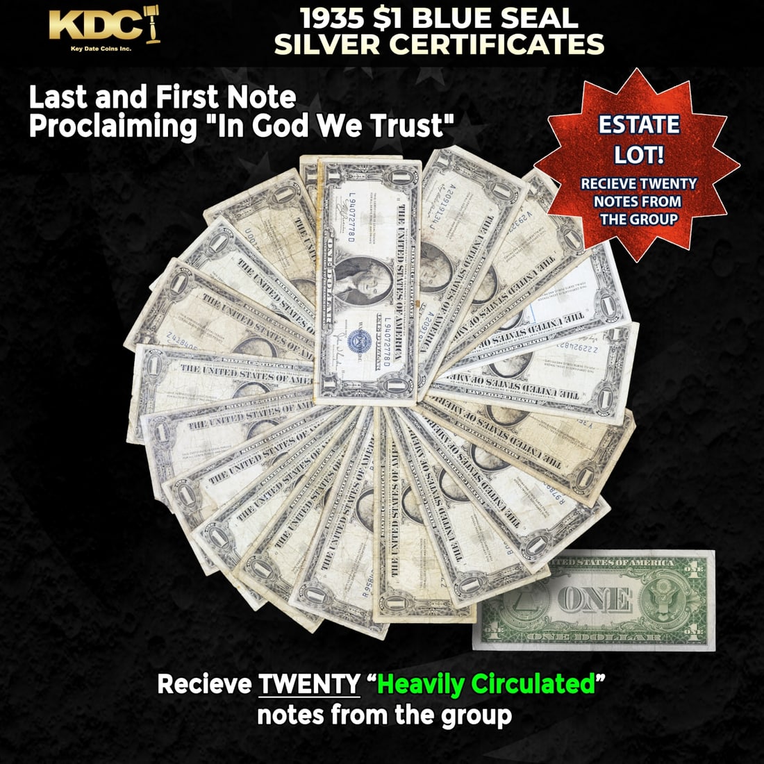 20x 1935 $1 Blue Seal Silver Certificates Heavily Circulated: 20x 1935 $1 Blue Seal Silver Certificates Heavily Circulated. Silver Certificates were redeemable in Silver. One of their most distinctive qualities is the blue Treasury seal and serial numbers. These