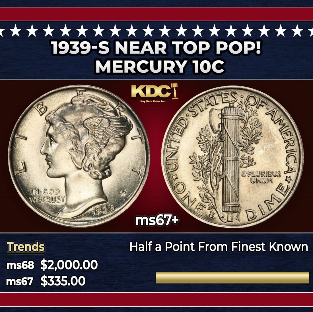 1939-s Mercury Dime Near Top Pop! 10c ms67+ SEGS: 1939-s Near Top Pop! Mercury Dime 10c ms67+ SEGS. Historic precious metal trends is causing increased spot pricing by the day. On auctions with set openings, we are doing our best to have items priced
