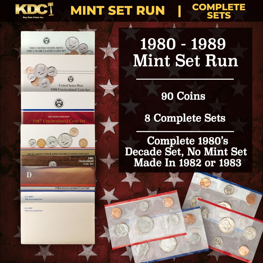 1980-1989 Full Decade Mint Set Run - 96 Coins, 8 Complete Sets: 1980-1989 Full Decade Mint Set Run - 96 Coins, 8 Complete Sets. 1980-1989 Full Decade Mint Set Run - 96 Coins, 8 Complete Sets. The 1980 and 1981 mint sets included three Susan B Anthony Dollars with
