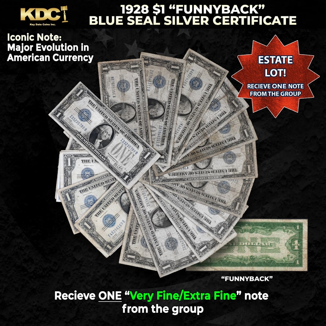 1x 1928 $1 Funnyback Blue Seal Silver Certificate Grades VF/XF: 1x 1928 $1 Funnyback Blue Seal Silver Certificate Grades VF/XF. These were the first notes to be called funnybacks. The reason they are called funnybacks is because of the unique design on the back of