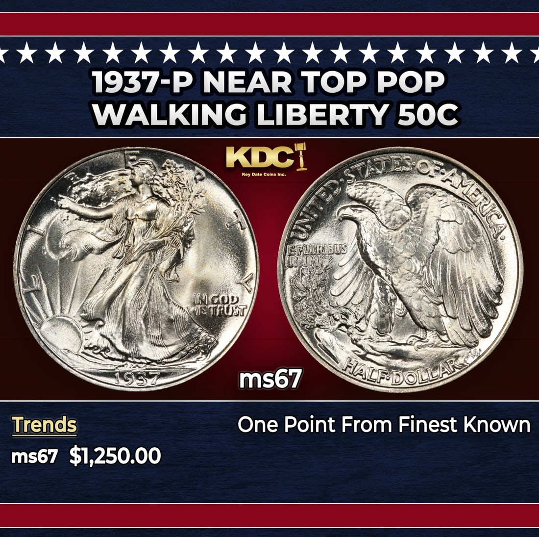 1937-p Walking Liberty Half Dollar Near Top Pop 50c ms67 SEGS: 1937-p Near Top Pop Walking Liberty Half Dollar 50c ms67 SEGS. Historic precious metal trends is causing increased spot pricing by the day. On auctions with set openings, we are doing our best to have