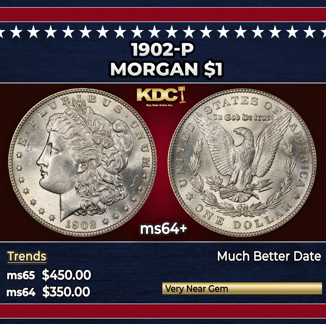 1902-p Morgan Dollar $1 Grades ms64+: 1902-p Morgan Dollar $1 Grades ms64+. Historic precious metal trends is causing increased spot pricing by the day. On auctions with set openings, we are doing our best to have items priced at their ma