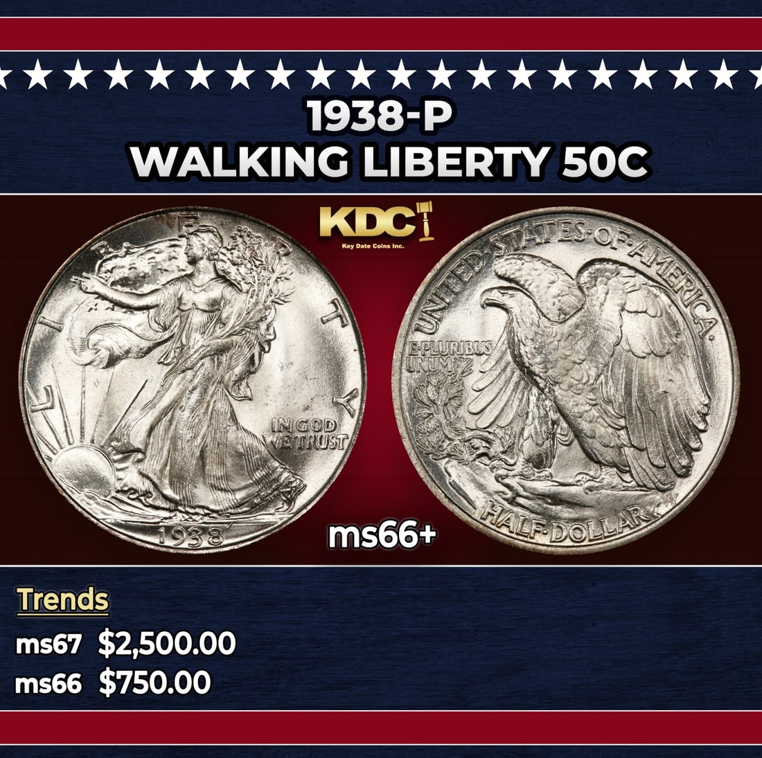 1938-p Walking Liberty Half Dollar 50c ms66+ SEGS: 1938-p Walking Liberty Half Dollar 50c ms66+ SEGS. Historic precious metal trends is causing increased spot pricing by the day. On auctions with set openings, we are doing our best to have items price